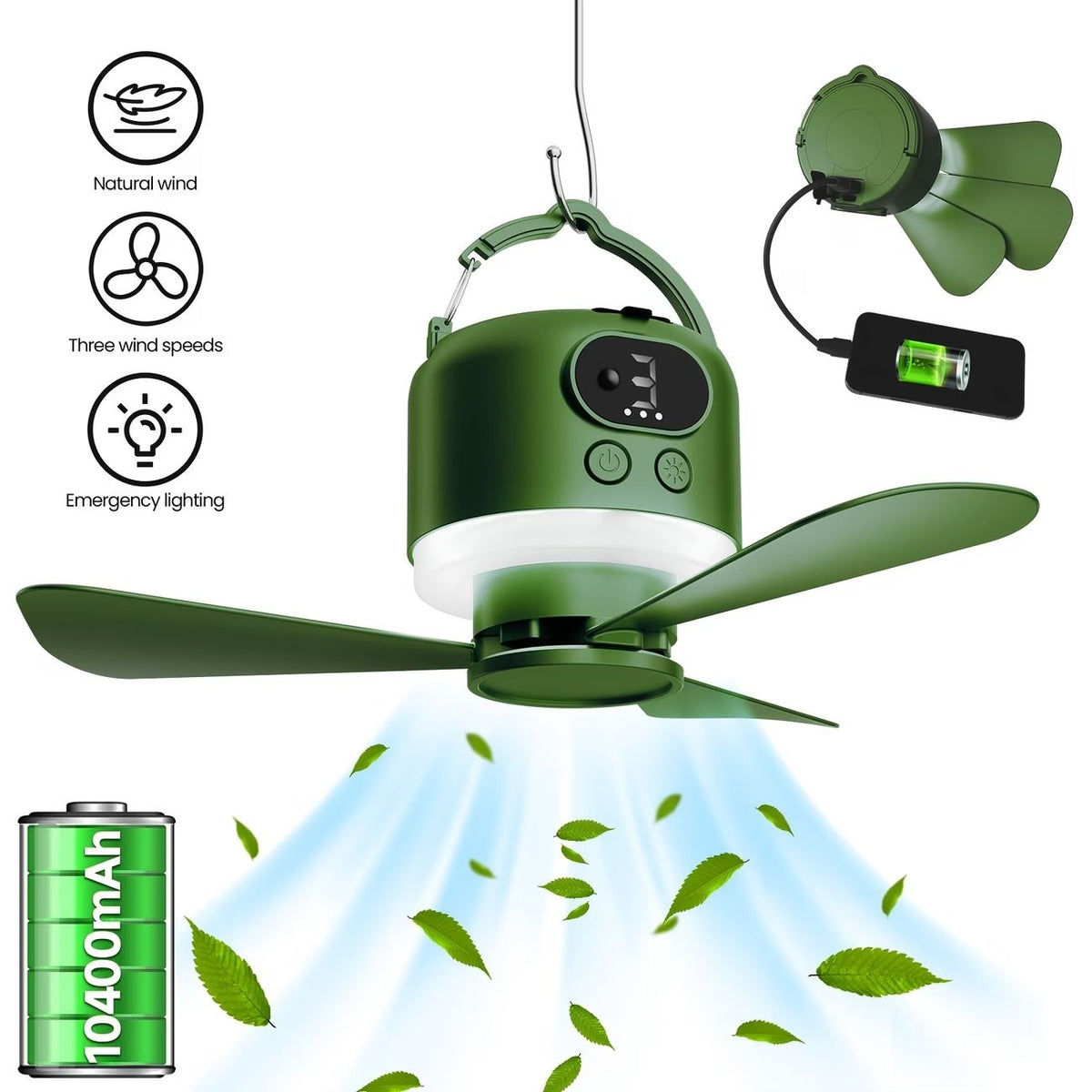 Tent Mini Ceiling Fan S50 Fan Light: 10400mAh Battery, 3-in-1 Fan/Light/Power Bank, Remote Timer, Camping Essential.*Dark green