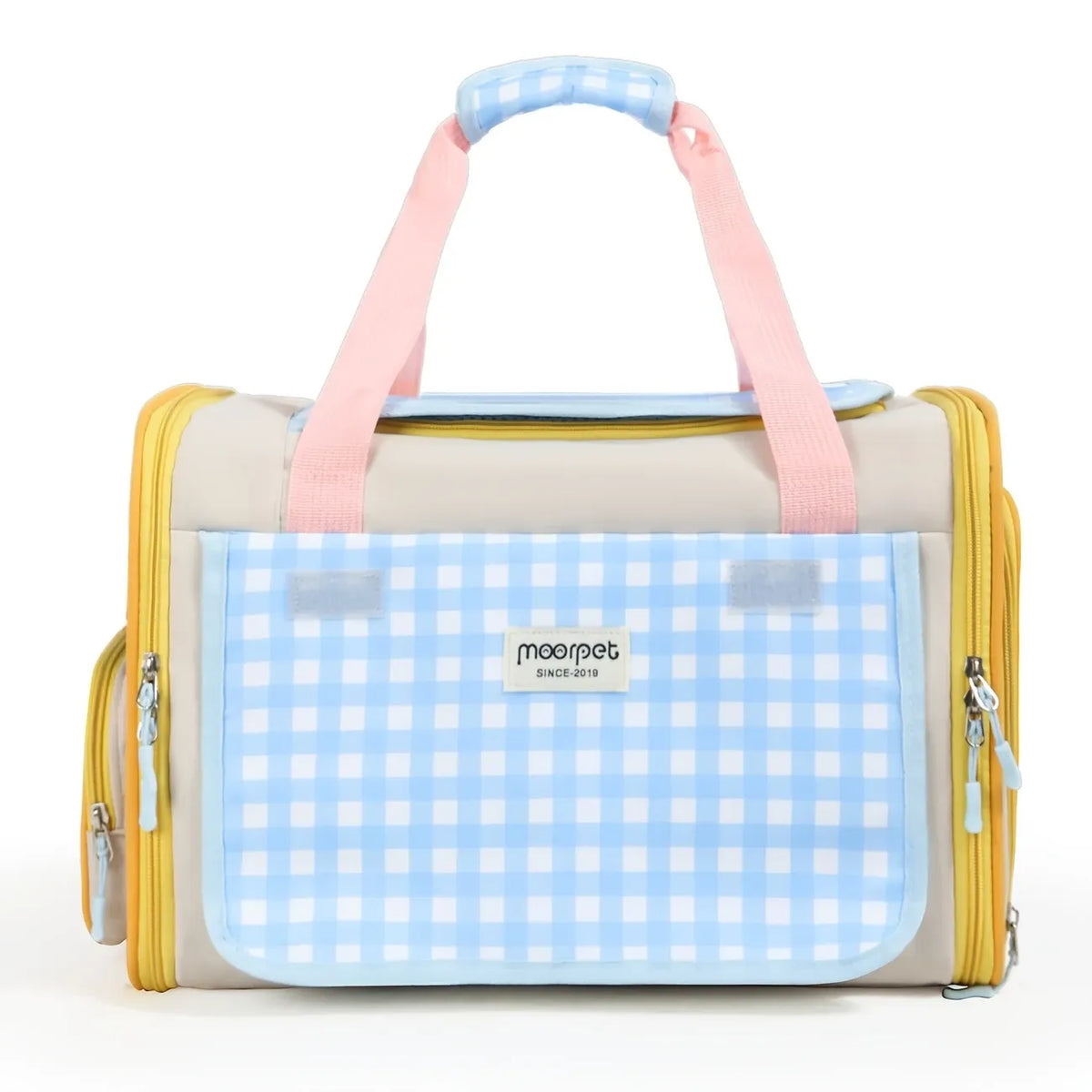 Plaid Portable Pet Carrier, Foldable Soft-Sided, 44×28×28cm, Oxford & Polyester, Mesh & Roll-Up Curtain, Luggage Strap, for 5–7kg Cats & Dogs.(BLUE)