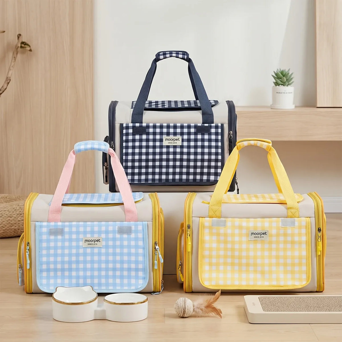 Plaid Portable Pet Carrier, Foldable Soft-Sided, 44×28×28cm, Oxford & Polyester, Mesh & Roll-Up Curtain, Luggage Strap, for 5–7kg Cats & Dogs.(BLUE)