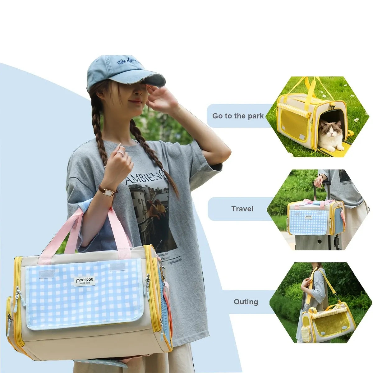 Plaid Portable Pet Carrier, Foldable Soft-Sided, 44×28×28cm, Oxford & Polyester, Mesh & Roll-Up Curtain, Luggage Strap, for 5–7kg Cats & Dogs.(yellow)