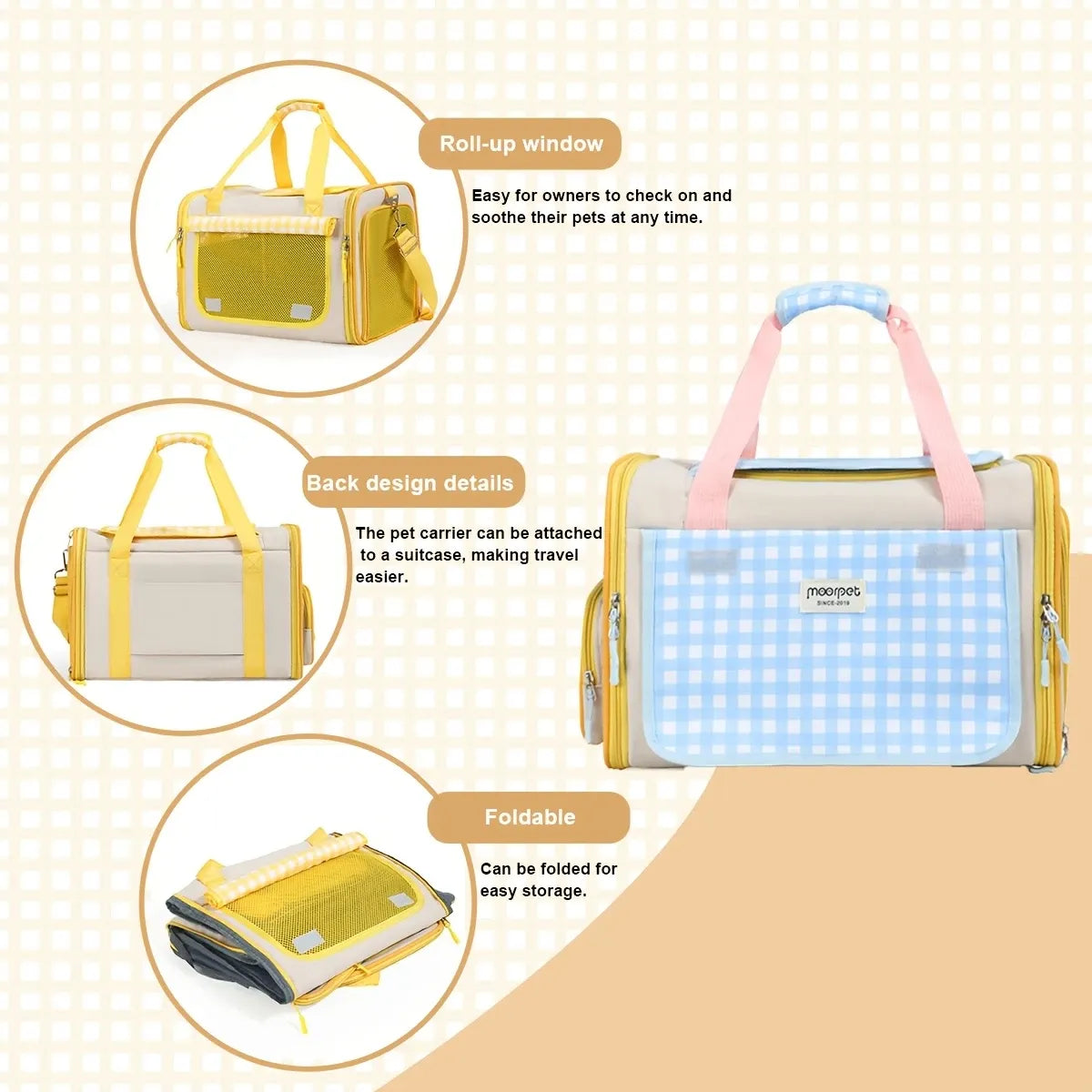Plaid Portable Pet Carrier, Foldable Soft-Sided, 44×28×28cm, Oxford & Polyester, Mesh & Roll-Up Curtain, Luggage Strap, for 5–7kg Cats & Dogs.(yellow)