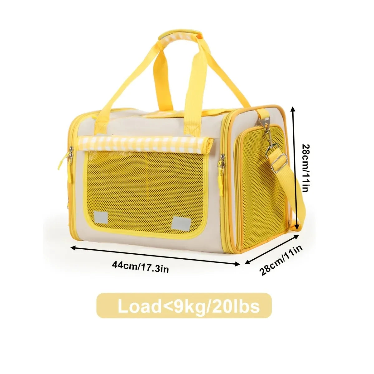 Plaid Portable Pet Carrier, Foldable Soft-Sided, 44×28×28cm, Oxford & Polyester, Mesh & Roll-Up Curtain, Luggage Strap, for 5–7kg Cats & Dogs.(yellow)
