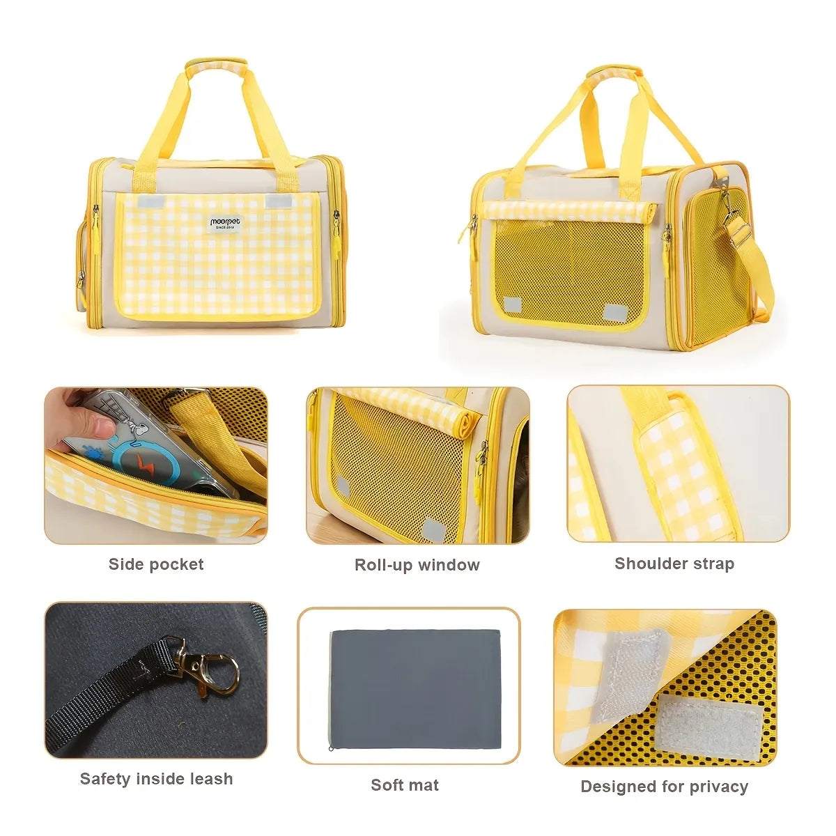 Plaid Portable Pet Carrier, Foldable Soft-Sided, 44×28×28cm, Oxford & Polyester, Mesh & Roll-Up Curtain, Luggage Strap, for 5–7kg Cats & Dogs.(yellow)