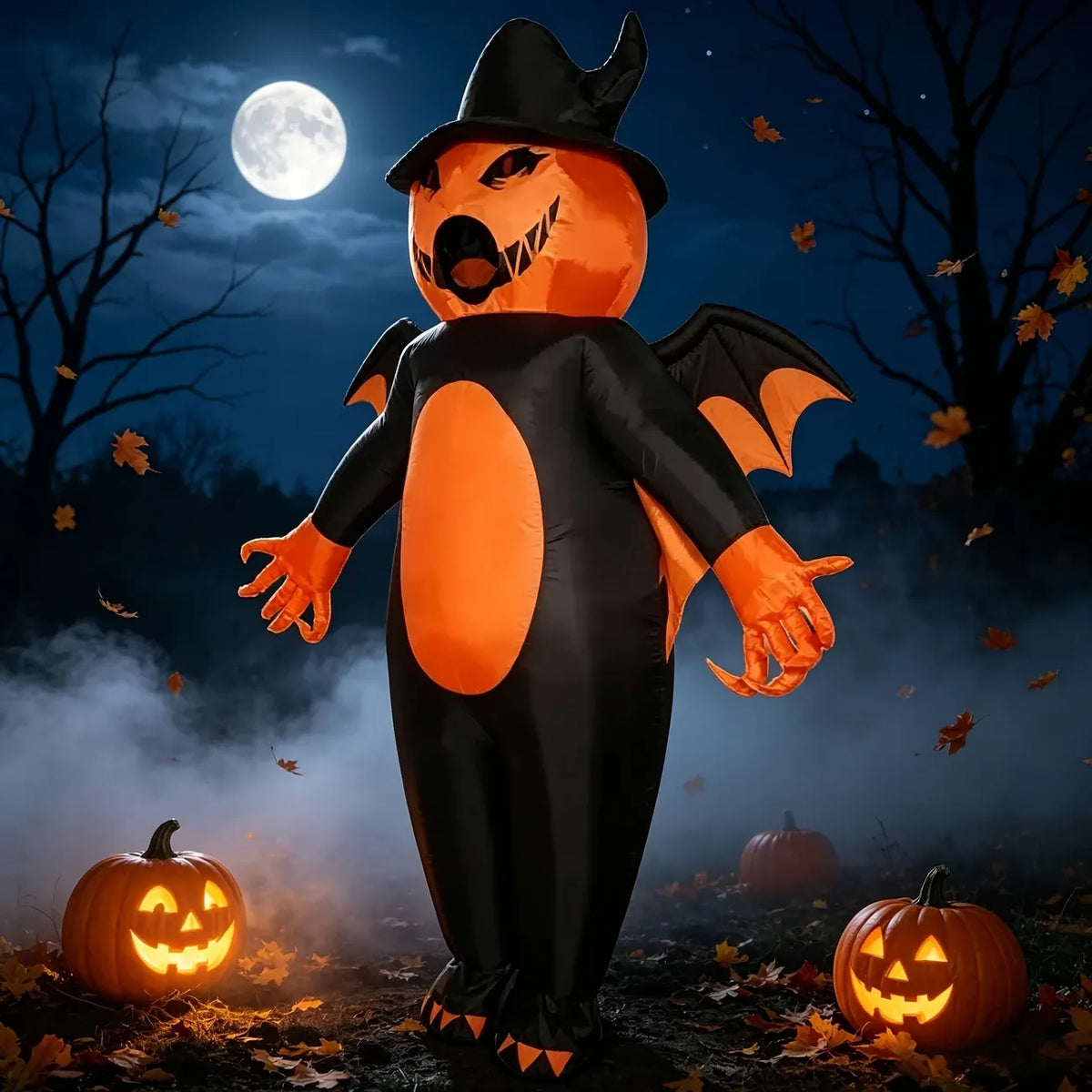 Halloween Inflatable Pumpkin Costume, Black & Orange Color-Blocking with Witch Hat, Battery/USB Dual Power, for Adults 170-190cm, Perfect for Parties, Trick-or-Treating & Photos!
