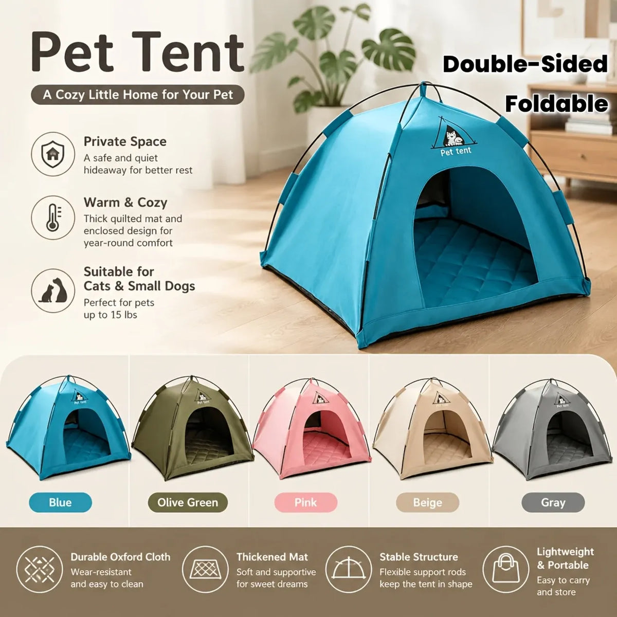 【Portable Foldable Pet Tent】Made of wear-resistant & water-resistant Oxford cloth with thickened quilted mat and sturdy frame. Ideal for indoor & outdoor use, a cozy private den for cats and small dogs.（pink.L)