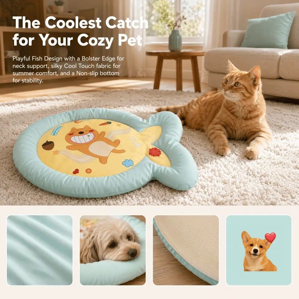 1 Pack Cute Fish-Shaped Cooling Pet Mat, Cartoon Cat Print Summer Dog Cat Bed, Breathable Non-Slip Soft Ice Cooling Pad for Small Medium Pets (Pink, Size M)