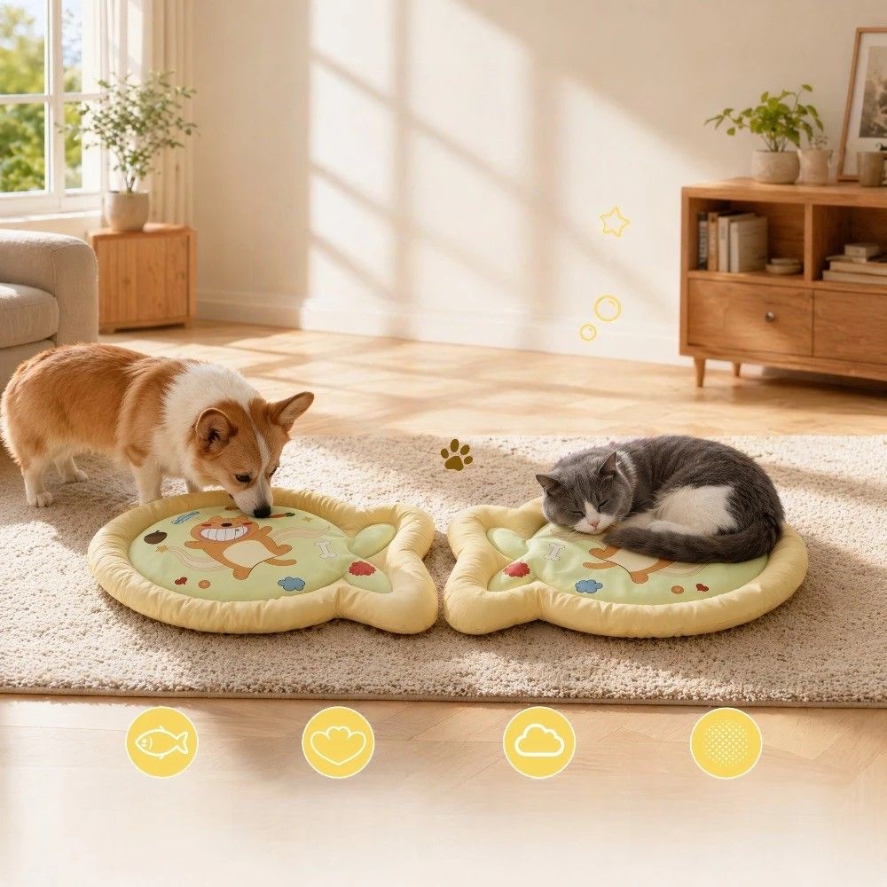1 Pack Cute Fish-Shaped Cooling Pet Mat, Cartoon Cat Print Summer Dog Cat Bed, Breathable Non-Slip Soft Ice Cooling Pad for Small Medium Pets (Pink, Size M)