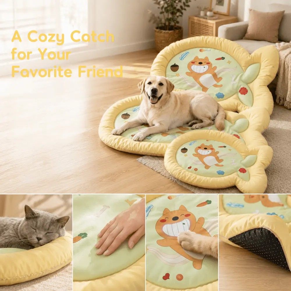 1 Pack Cute Fish-Shaped Cooling Pet Mat, Cartoon Cat Print Summer Dog Cat Bed, Breathable Non-Slip Soft Ice Cooling Pad for Small Medium Pets (yellow, Size L)
