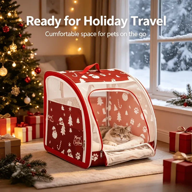 Christmas Portable Car Pet Carrier, Foldable Soft-Sided Cat & Dog Crate, 50×50×50cm, Mesh Windows, Dual Zippers, Built-in Bed, 25LBS Capacity, Travel & Home