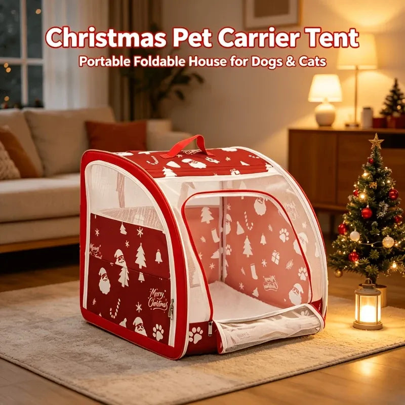 Christmas Portable Car Pet Carrier, Foldable Soft-Sided Cat & Dog Crate, 50×50×50cm, Mesh Windows, Dual Zippers, Built-in Bed, 25LBS Capacity, Travel & Home