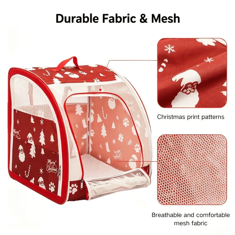 Christmas Portable Car Pet Carrier, Foldable Soft-Sided Cat & Dog Crate, 50×50×50cm, Mesh Windows, Dual Zippers, Built-in Bed, 25LBS Capacity, Travel & Home