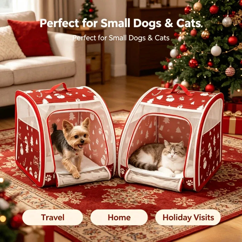 Christmas Portable Car Pet Carrier, Foldable Soft-Sided Cat & Dog Crate, 50×50×50cm, Mesh Windows, Dual Zippers, Built-in Bed, 25LBS Capacity, Travel & Home