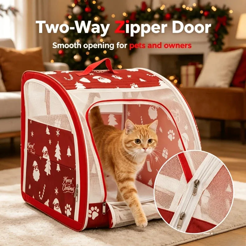 Christmas Portable Car Pet Carrier, Foldable Soft-Sided Cat & Dog Crate, 50×50×50cm, Mesh Windows, Dual Zippers, Built-in Bed, 25LBS Capacity, Travel & Home