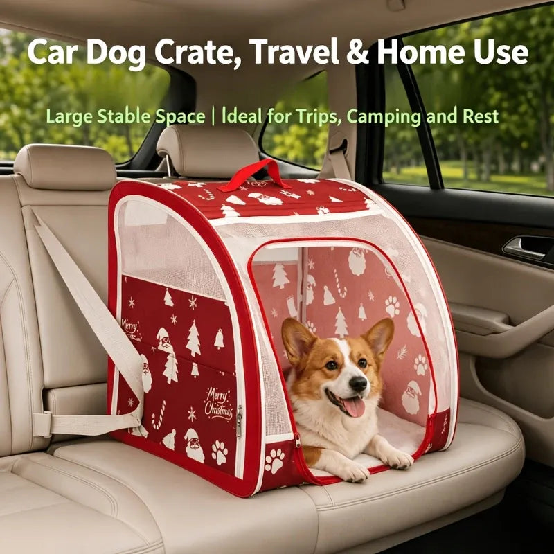 Christmas Portable Car Pet Carrier, Foldable Soft-Sided Cat & Dog Crate, 50×50×50cm, Mesh Windows, Dual Zippers, Built-in Bed, 25LBS Capacity, Travel & Home