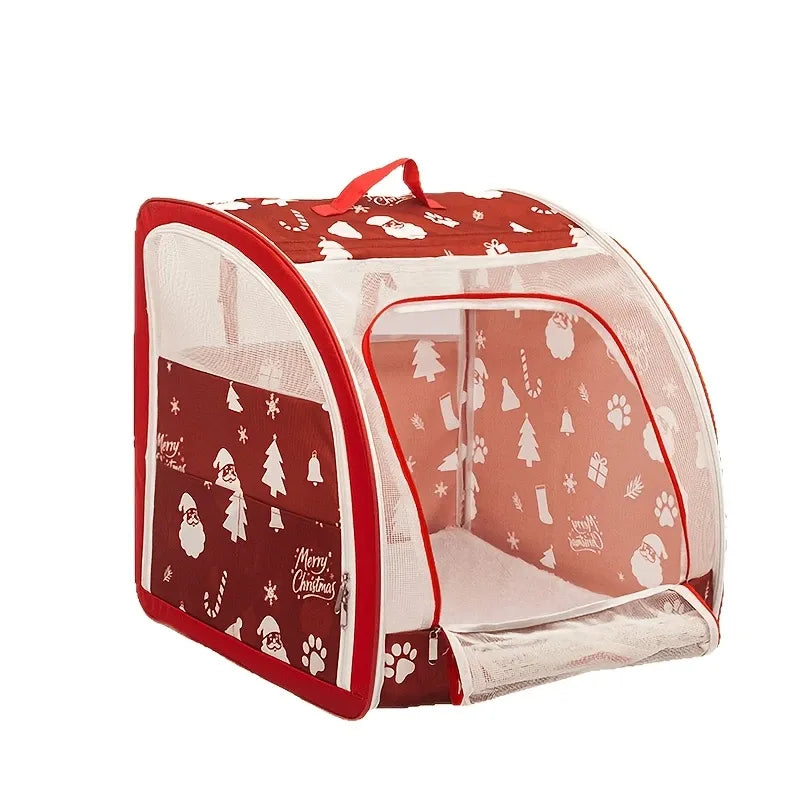 Christmas Portable Car Pet Carrier, Foldable Soft-Sided Cat & Dog Crate, 50×50×50cm, Mesh Windows, Dual Zippers, Built-in Bed, 25LBS Capacity, Travel & Home