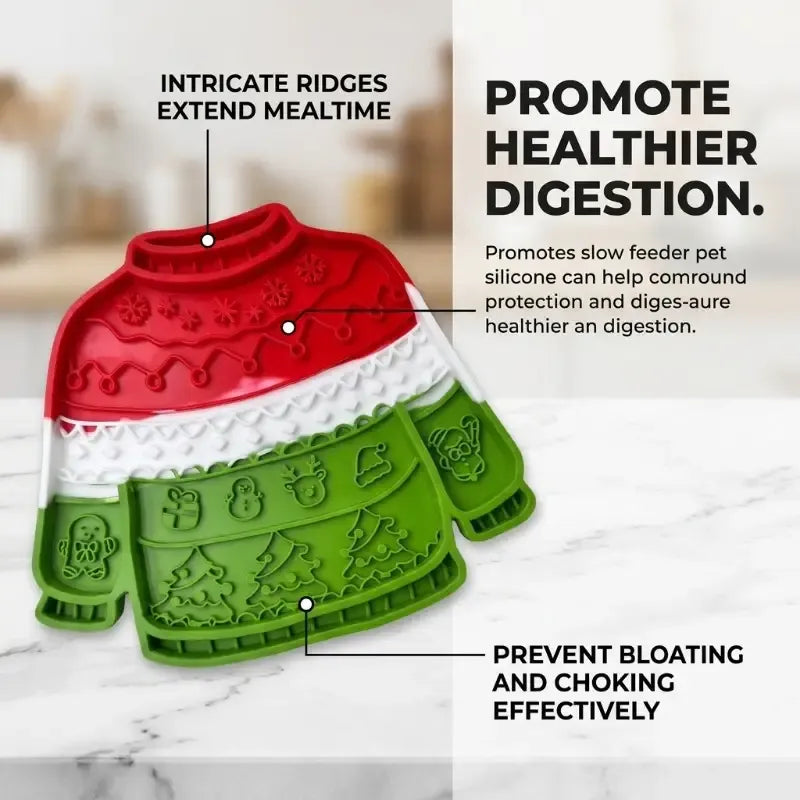 Christmas Sweater Pet Slow Feeder Lick Mat Strong Suction Cups Non-Slip Food Grade Silicone Calming Easy Clean for All Dogs Cats