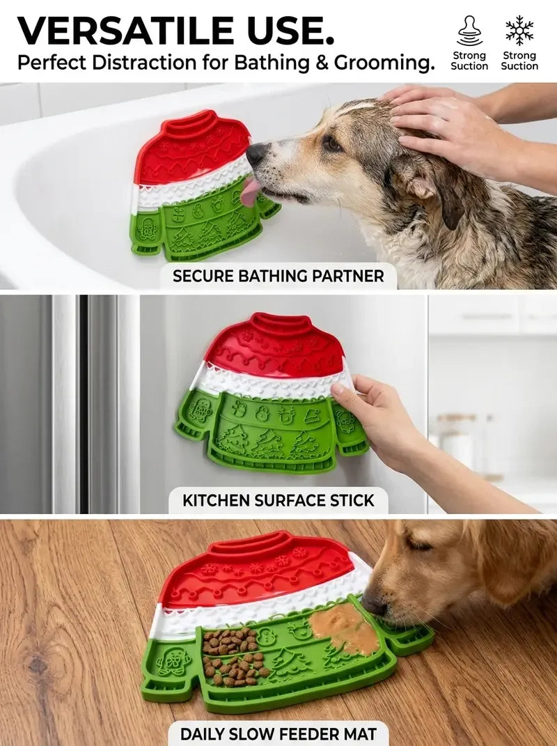 Christmas Sweater Pet Slow Feeder Lick Mat Strong Suction Cups Non-Slip Food Grade Silicone Calming Easy Clean for All Dogs Cats