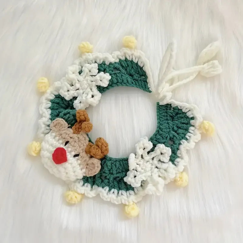 Handmade Yarn Pet Neckerchief, Christmas Photo Must-Have, Comfortable, Breathable & Adjustable. Reindeer Crochet Neckerchief: Size M