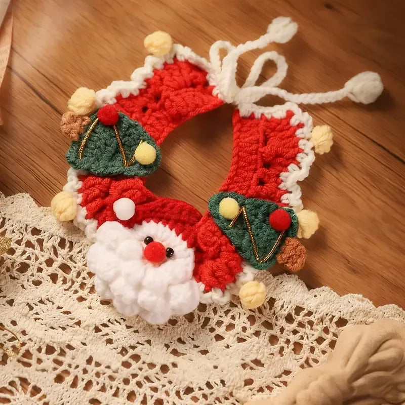 Handmade Yarn Pet Neckerchief, Christmas Photo Must-Have, Comfortable, Breathable & Adjustable. Santa Claus Crochet Neckerchief: Size M