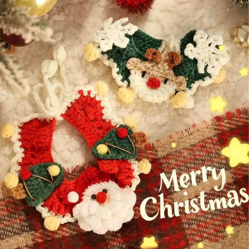 Handmade Yarn Pet Neckerchief, Christmas Photo Must-Have, Comfortable, Breathable & Adjustable. Santa Claus Crochet Neckerchief: Size L