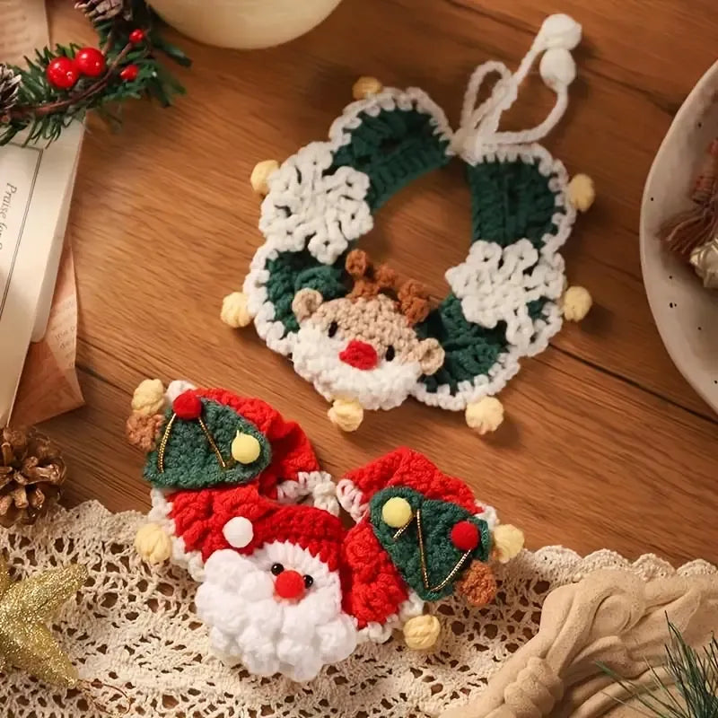 Handmade Yarn Pet Neckerchief, Christmas Photo Must-Have, Comfortable, Breathable & Adjustable. Santa Claus Crochet Neckerchief: Size L