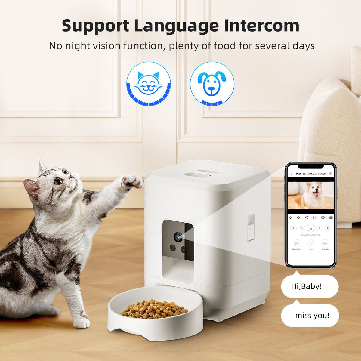 Smart Pet Feeder with Camera 2L, WiFi App Control, Two-Way Audio, USB & Battery Backup(white)