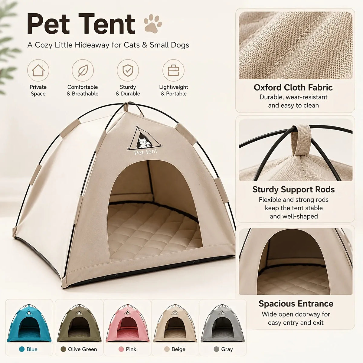 【Portable Foldable Pet Tent】Made of wear-resistant & water-resistant Oxford cloth with thickened quilted mat and sturdy frame. Ideal for indoor & outdoor use, a cozy private den for cats and small dogs.（grey.L)