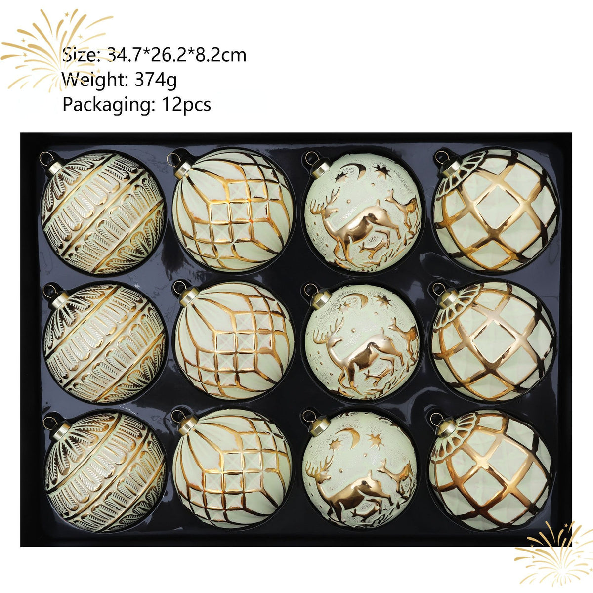 12-Piece Dopamine Christmas Ball Gift Set: 8cm polystyrene, shatterproof and durable, macaron-colored with painted gold foil textures, light luxury and healing, perfect for decorating Christmas trees and home ambiance./Elk+yellow