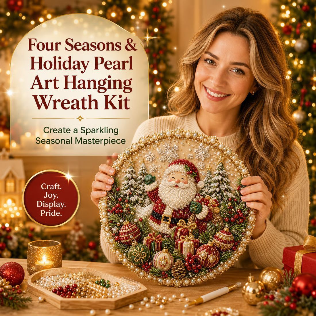 Four Seasons & Holiday Pearl Art DIY Hanging Wreath – 3D Sparkling Adult Craft Ornament with Spring, Summer, Autumn, Winter & Christmas Themes. Curated for Independent Stores. Perfect for Stress Relief, Home Decor & Gifting.[Santa Claus]