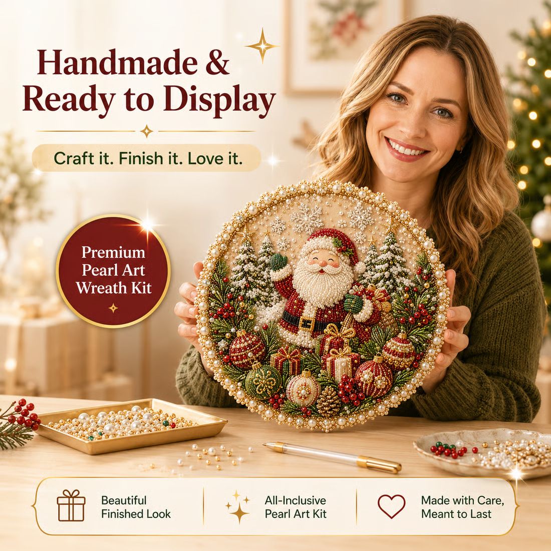 Four Seasons & Holiday Pearl Art DIY Hanging Wreath – 3D Sparkling Adult Craft Ornament with Spring, Summer, Autumn, Winter & Christmas Themes. Curated for Independent Stores. Perfect for Stress Relief, Home Decor & Gifting.[Santa Claus]