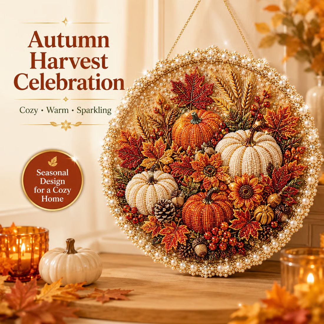Four Seasons & Holiday Pearl Art DIY Hanging Wreath – 3D Sparkling Adult Craft Ornament with Spring, Summer, Autumn, Winter & Christmas Themes. Curated for Independent Stores. Perfect for Stress Relief, Home Decor & Gifting.[Pumpkin]