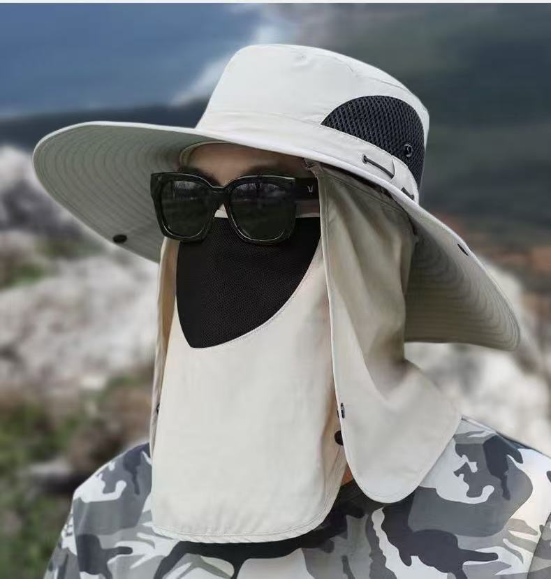 beige。Extra Wide Fishing Hat with Detachable Sun Visor and Neck Guard - The Perfect Choice for Summer Fishing, Hiking, and Outdoor Activities