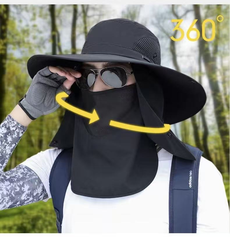 beige。Extra Wide Fishing Hat with Detachable Sun Visor and Neck Guard - The Perfect Choice for Summer Fishing, Hiking, and Outdoor Activities