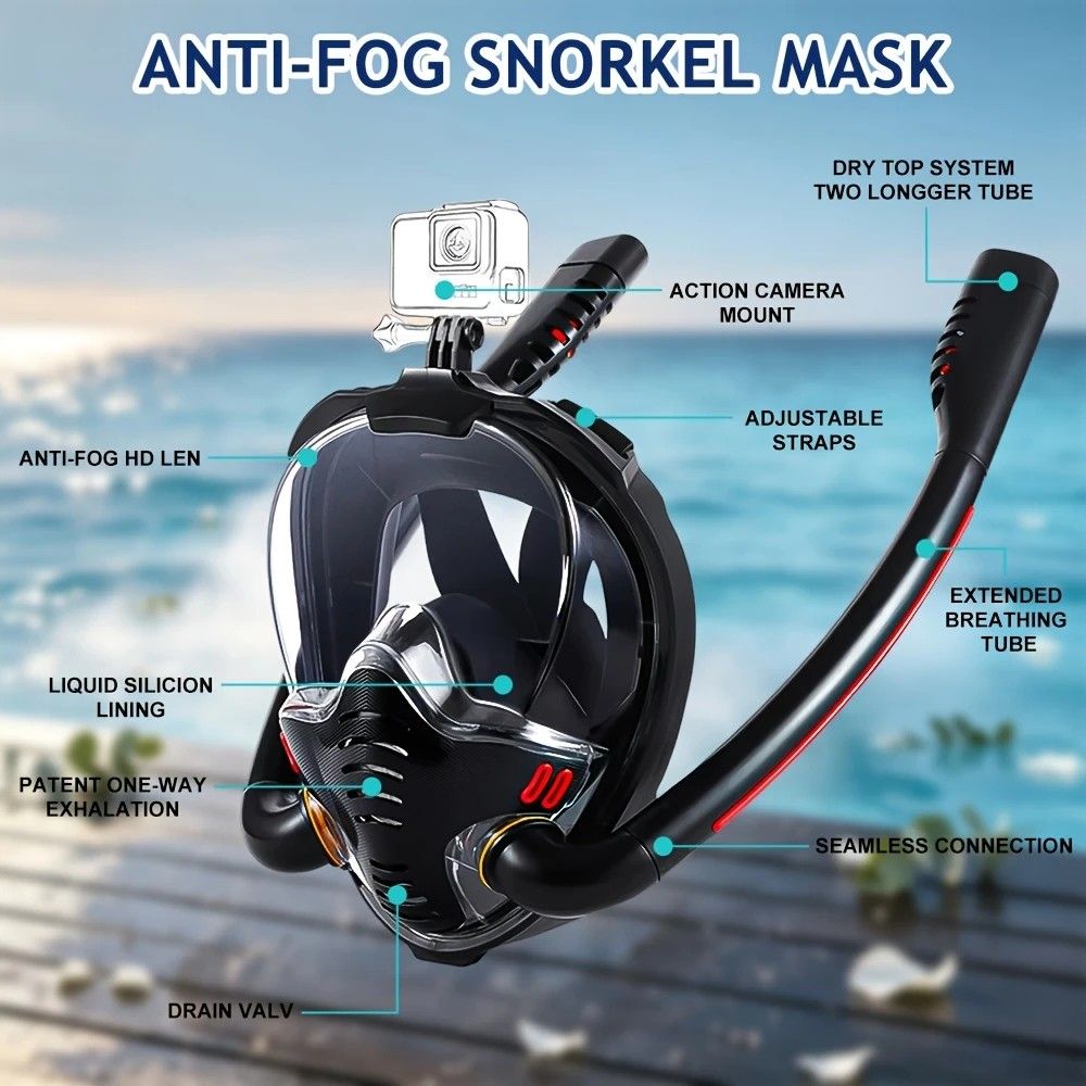 Adult Full Face Snorkel Mask Dual Tube 180° Panoramic Anti-Fog, Unisex Snorkelling Gear for Outdoor Water Sports S/M.black+blue