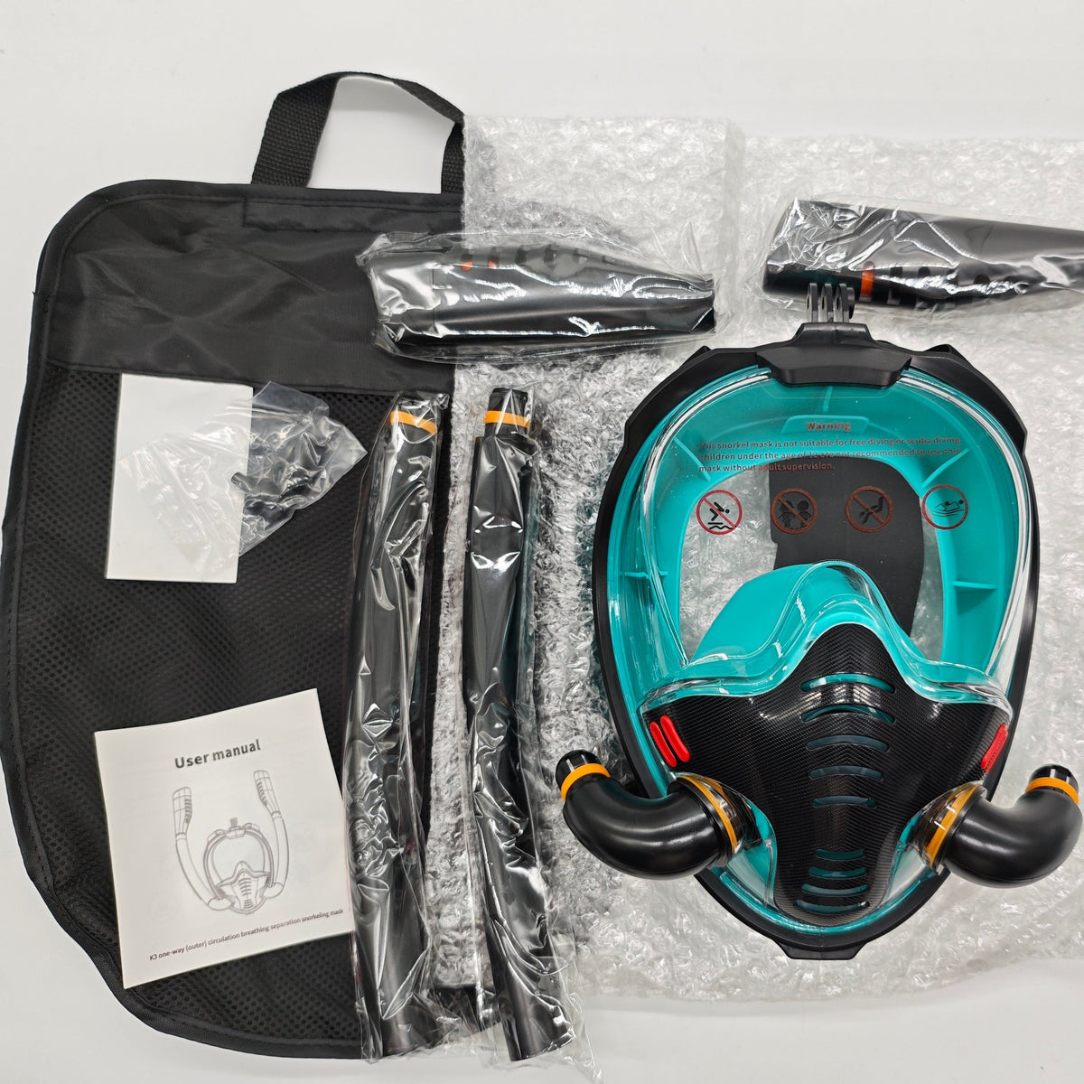 Adult Full Face Snorkel Mask Dual Tube 180° Panoramic Anti-Fog, Unisex Snorkelling Gear for Outdoor Water Sports S/M.black+blue