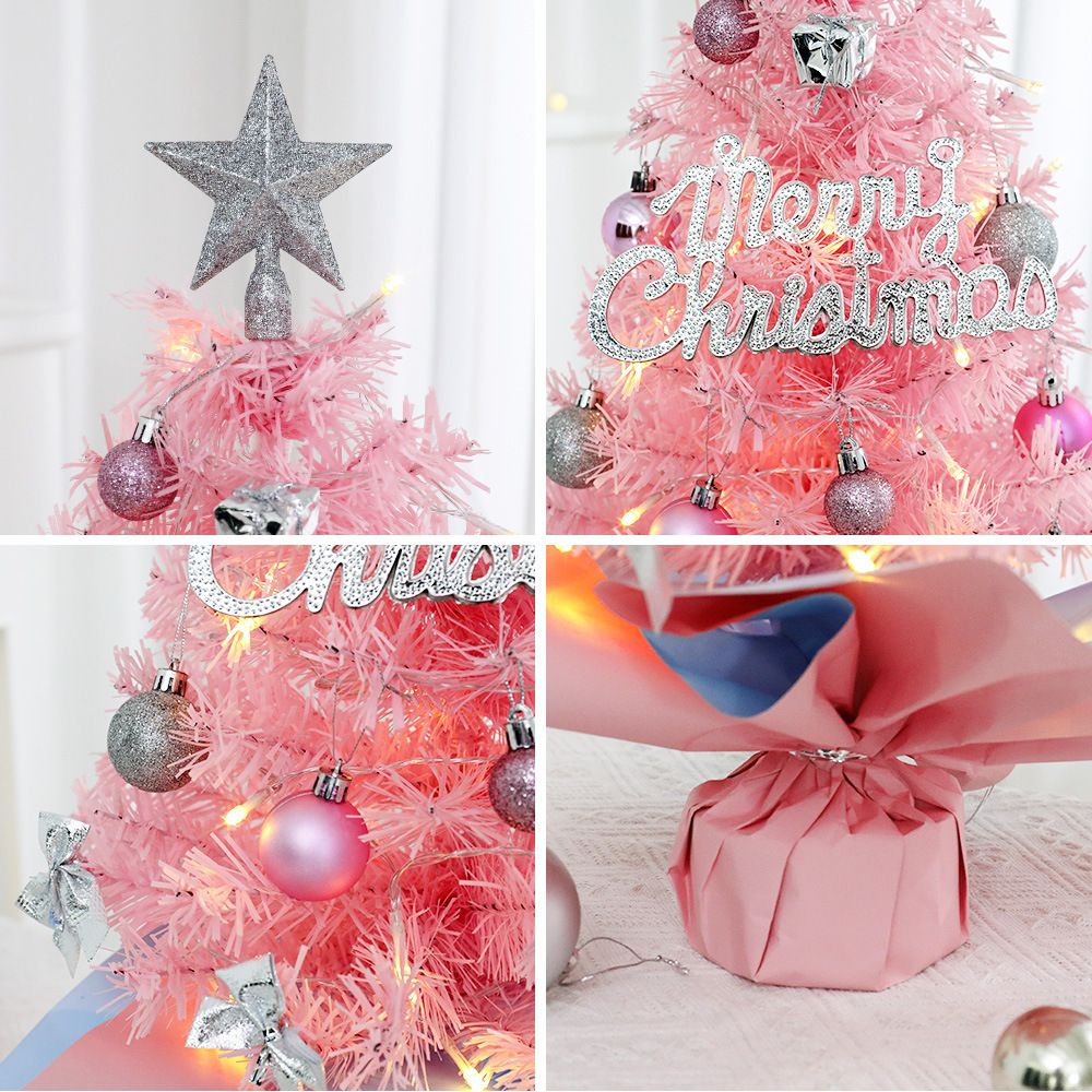 45cm Pink Mini Christmas Tree | Natural Log Base, Pink & Blue Wrapped Design, Star Topper, Letter Sign, Ornaments & Bows, Sweet Desktop Holiday Décor (No Lights Version)