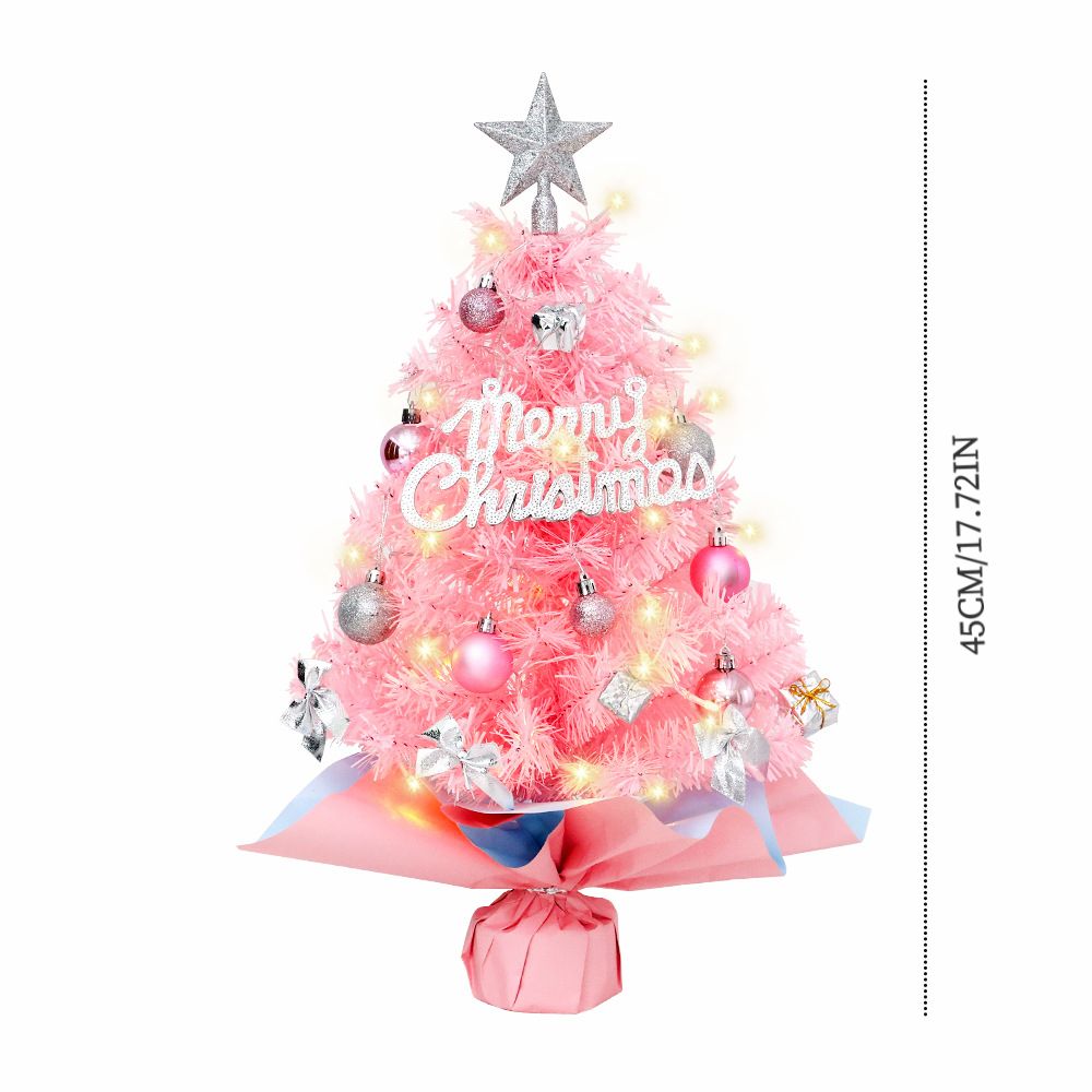 45cm Pink Mini Christmas Tree | Natural Log Base, Pink & Blue Wrapped Design, Star Topper, Letter Sign, Ornaments & Bows, Sweet Desktop Holiday Décor (No Lights Version)