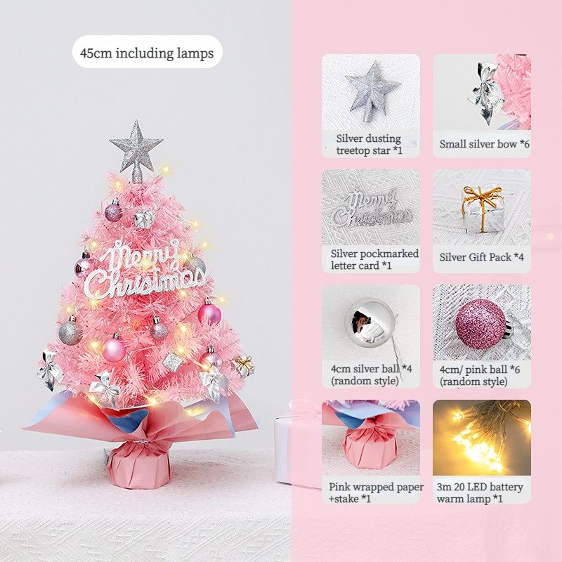 45cm Pink Mini Christmas Tree | Natural Log Base, Pink & Blue Wrapped Design, Star Topper, Letter Sign, Ornaments & Bows, Sweet Desktop Holiday Décor (No Lights Version)