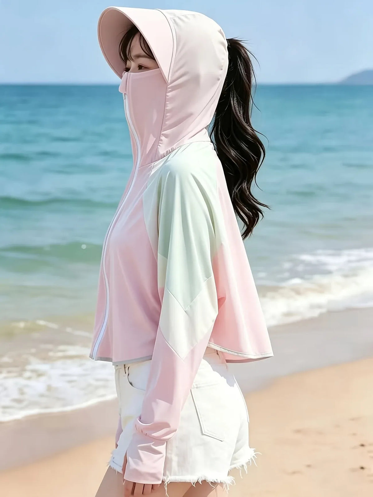 Ice Silk Hat Brim Sun Protection Jacket, UPF50+ UV Protection, Cape-Style Batwing Sleeves with Thumbholes, Hooded Face Mask for Full-Face Protection, Lightweight & Breathable, Essential for Outdoor Travel.(pink)