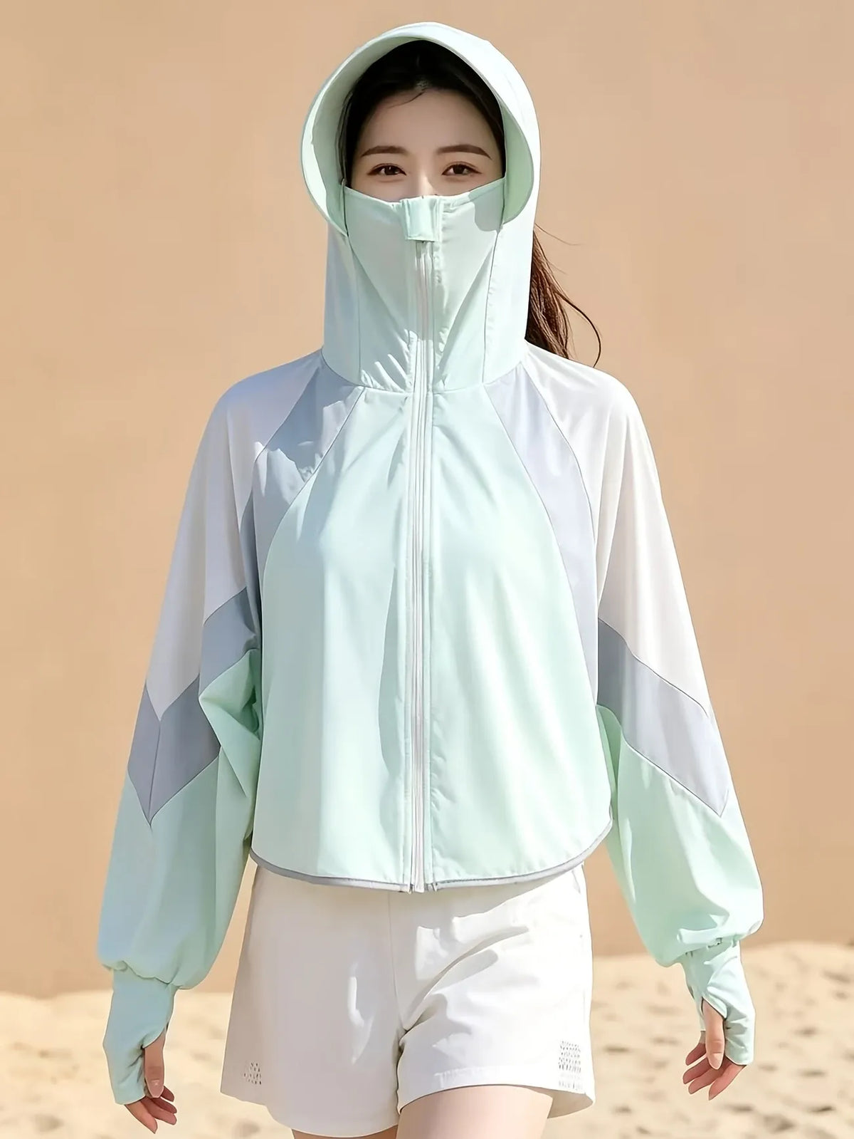 Ice Silk Hat Brim Sun Protection Jacket, UPF50+ UV Protection, Cape-Style Batwing Sleeves with Thumbholes, Hooded Face Mask for Full-Face Protection, Lightweight & Breathable, Essential for Outdoor Travel.(green)