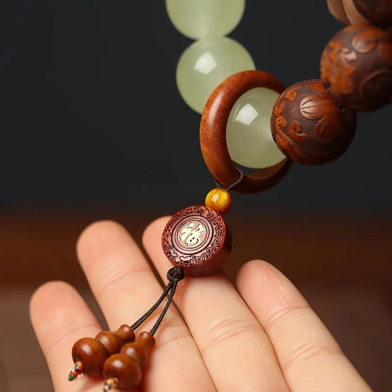 1pc Classic 12-bead 20mm Handmade Wooden Carved "Fu" Pendant Bracelet, Unisex Beaded Bracelet, Buddhist Mala Beads Prayer Bracelet