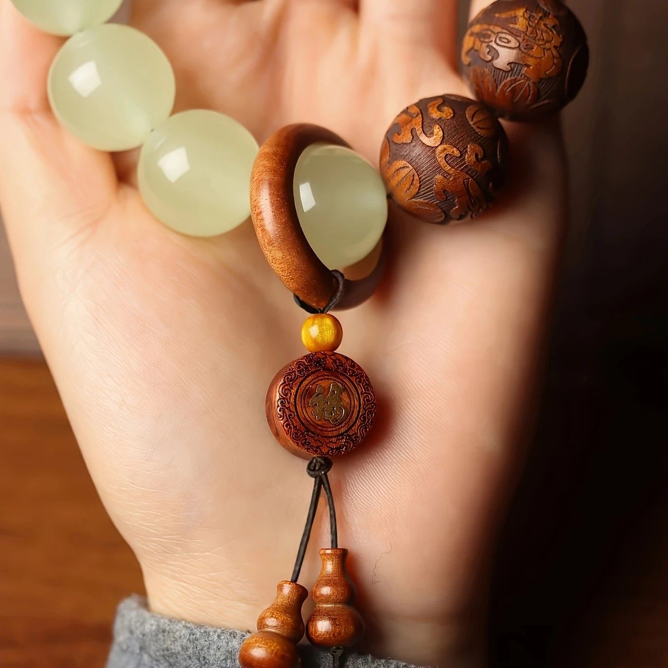 1pc Classic 12-bead 20mm Handmade Wooden Carved "Fu" Pendant Bracelet, Unisex Beaded Bracelet, Buddhist Mala Beads Prayer Bracelet