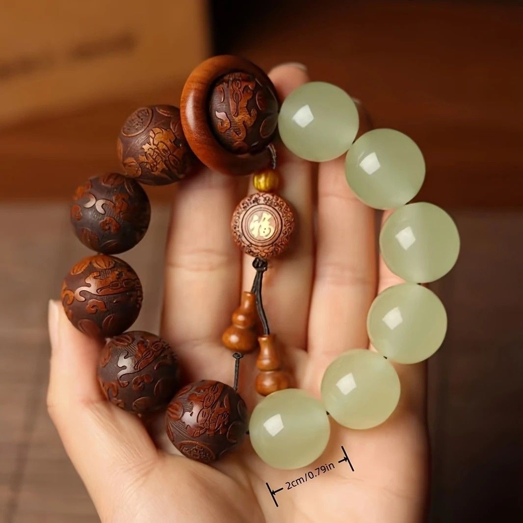1pc Classic 12-bead 20mm Handmade Wooden Carved "Fu" Pendant Bracelet, Unisex Beaded Bracelet, Buddhist Mala Beads Prayer Bracelet