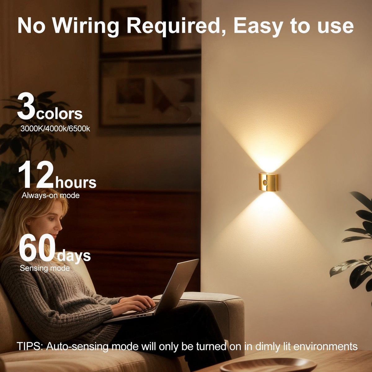 1PCS Induction wall lamp with three-color stepless dimming, 120° auto shut-off, USB rechargeable magnetic installation. Smart motion-sensing LED wall lamp, serving as both a night light and an ambient light./Chrome color