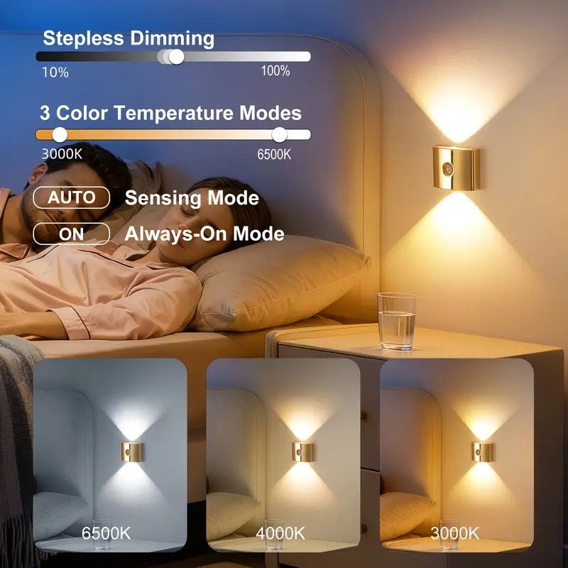 1PCS Induction wall lamp with three-color stepless dimming, 120° auto shut-off, USB rechargeable magnetic installation. Smart motion-sensing LED wall lamp, serving as both a night light and an ambient light./Chrome color