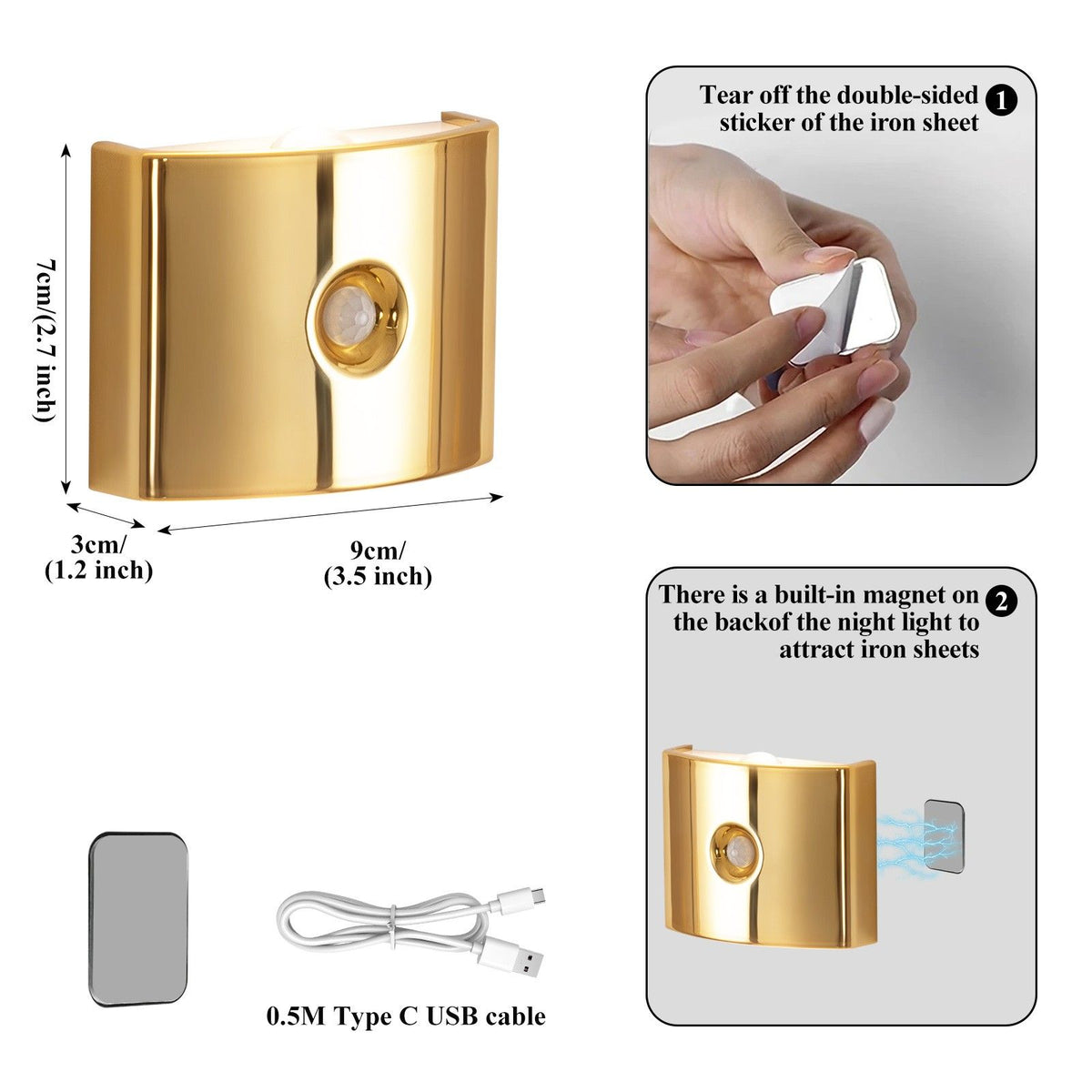 1PCS Induction wall lamp with three-color stepless dimming, 120° auto shut-off, USB rechargeable magnetic installation. Smart motion-sensing LED wall lamp, serving as both a night light and an ambient light./Chrome color