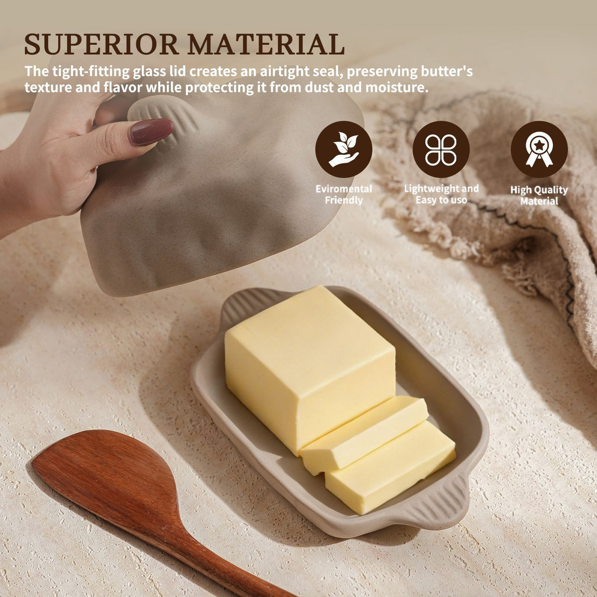 Wabi-Sabi Ceramic Butter Dish Set with Lid & Wooden Knife, Retro Breakfast Cheese Storage Tray