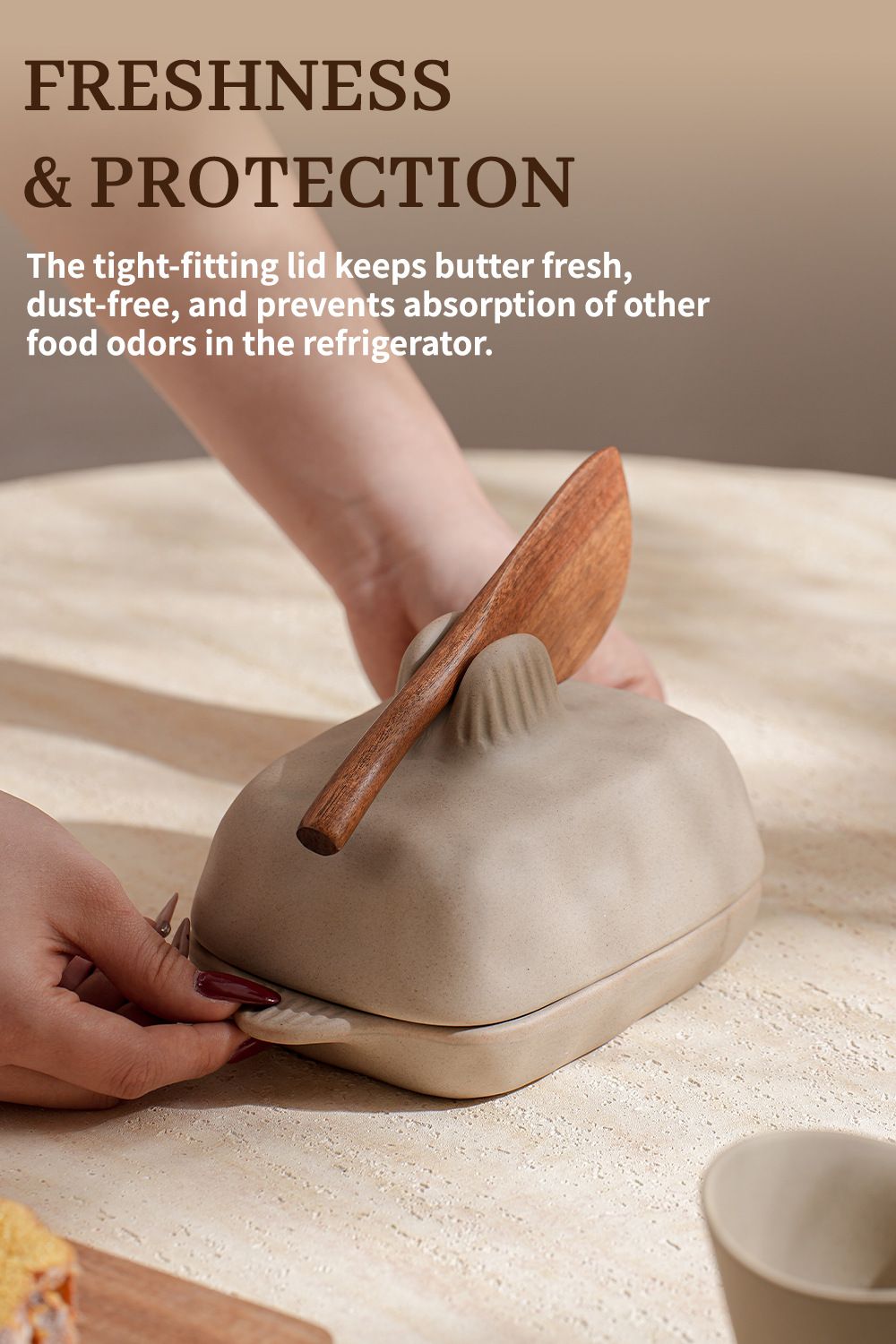 Wabi-Sabi Ceramic Butter Dish Set with Lid & Wooden Knife, Retro Breakfast Cheese Storage Tray