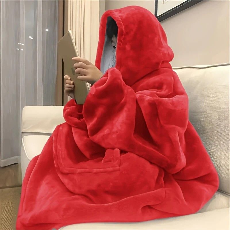 Ultra-Soft Fleece Wearable Blanket Hoodie, Unisex Hooded Large-Pocket Lazy Warm Home Wear(RED)