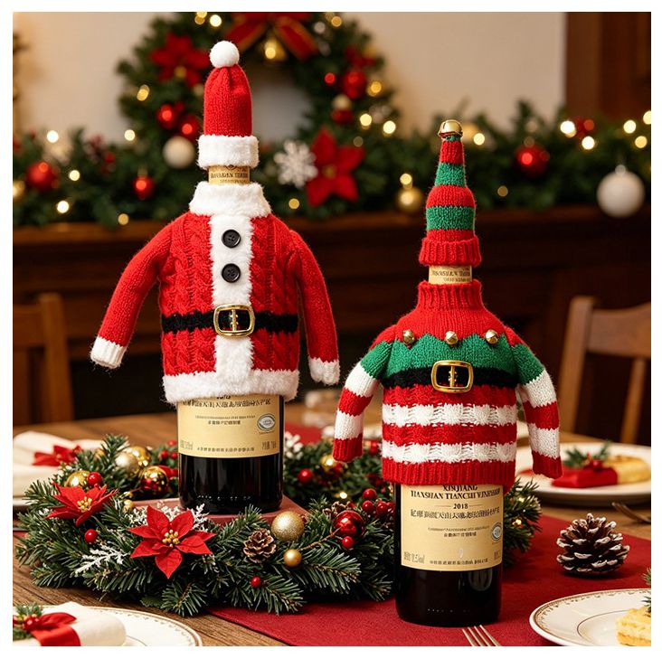 Christmas Knitted Wine Bottle Cover, Santa & Elf Styles, Cute Warm Holiday Decoration Essential./Red belt model